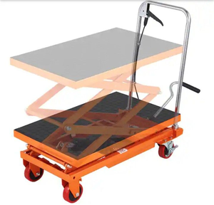 lot 4253079 image: Hydraulic Lift Table Cart 330 lbs. Capacity 50 in. Lifting Height Manual Double Scissor Lift Table with 4 Wheels, Orange