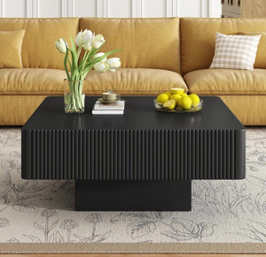 lot 4253118 image: 31.6 Elegant Square Fluted Coffee Table with 7.1 Thick Tabletop, Modern Drum End Table, Minimalist Center Table with Sturdy Base for Living Room, Easy Assembly, Black MSRP $226.00