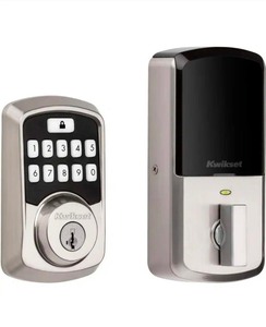 lot 42530113 image: KwiksetAura Satin Nickel Single Cylinder Electronic Bluetooth Keypad Smart Lock Deadbolt featuring SmartKey Security MSRP $120.52