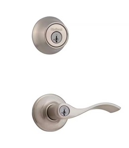 lot 42530194 image: KwiksetBalboa Satin Nickel Keyed Entry Door Handle and Single Cylinder Deadbolt Combo Pack featuring SmartKey and Microban MSRP $41.97