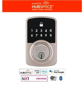 lot 42530196 image: DefiantSquare Compact Satin Nickel Electronic Single Cylinder Deadbolt Wi-Fi Enabled Powered by Hubspace MSRP $79.97
