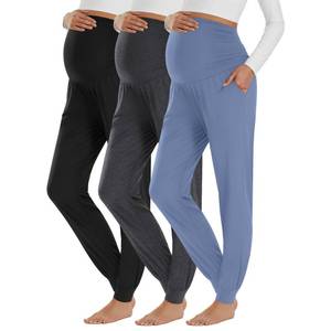 lot 1229 image: Neer 3 Pack Womens Maternity Joggers Over Belly Sweatpants Stretchy Pregnancy Lounge Pants with Pockets Winter(Black, Dark Heather Gray, Blue,Large)