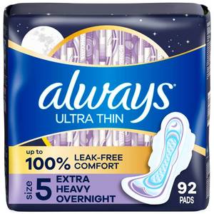 lot 1232 image: Always Ultra Thin Overnight Pads, Size 5, Extra Heavy Overnight, Unscented, 92 Count (2 Packs of 46)