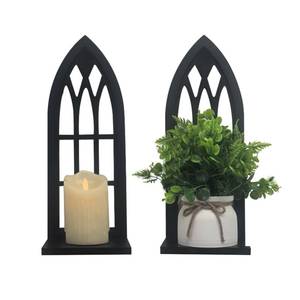 lot 1248 image: Birminwind Wall Candle Sconces for Pillar - Black Candle Holder for Wall Set of 2 - Gothic Wood Carved Shelf for Plant - Rustic Window Shape Decor for Bathroom Hallway Fireplace