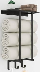 lot 1250 image: Towel Racks for Bathroom, Bathroom Towel Rack Wall Mounted with Metal Shelf and 3 Hooks for Small Bathroom, Black