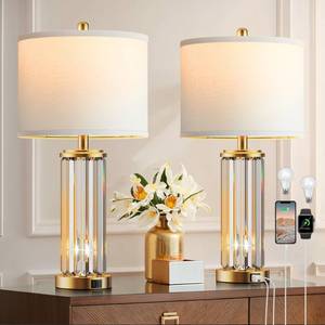 lot 1251 image: QiMH Gold Table Lamps for Bedroom Set of 2 with Nightlight, Modern Bedside Lamp with 2 USB AC Charging Port, Clear Nightstand Lamp for Living Room White Shade Home Light Decor(LED Bulbs Included)