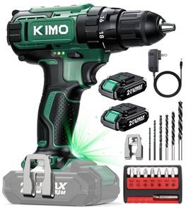 lot 1254 image: KIMO 20V Cordless Drill Set with 2 Packs 2.0Ah Battery, Max 350 In-lb Torque, 1350 RPM, 38 Keyless Chuck, 182 Clutch Setting, 18pcs Accessories, Power Drill for Drilling Wood Bricks Walls Metal