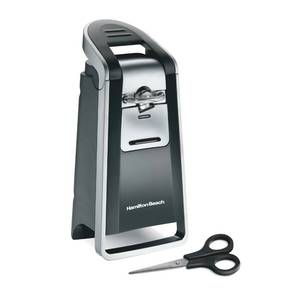 lot 1260 image: Hamilton Beach Smooth Edge Electric Automatic Can Opener for Kitchen with Easy Push Down Lever, Extra Tall, Includes Stainless Steel Scissors, Black and Chrome (76607)