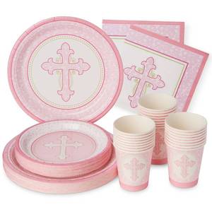 lot 1263 image: Royal Bluebonnet Pink Baptism Plates and Napkins - Set of 24 First Holy Communion Party Supplies, Baptism Decorations for Girls, Easter Paper Plates and Napkins, Religious Confirmation Decorations