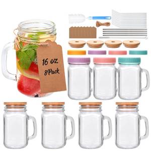 lot 1269 image: 16 oz Mason Jar Cups with Handle,Mason Jar Cups with Lids and Straws,Set include glass straws, stainless steel straws, wooden lids, plastic lids,cup brush, straw brush,Hemp rope, tag 8pack