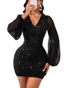 lot 2002 image: GothDark Womens Sexy Sequin Dress Mesh Mini Bodycon Sparkly V Neck Puff Sleeve Gothic Cocktail Party Club Ruched Outfits Black S