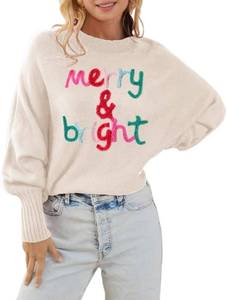 lot 2003 image: TIXOM Womens Colorful Merry and Bright Christmas Sweaters Winter Xmas Graphic Long Batwing Sleeve Pullover Loose Fit Sweater(L,B-Apricot)