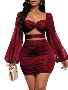 lot 2004 image: GothDark Womens Sexy Mesh Dress Bodycon Cut Out Puff Sleeve Ruched Party Club Homecoming Mini Dresses Red S