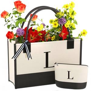 lot 2009 image: OATALY Monogrammed Canvas Tote Bag with Zipper Pockets - Ideal Gift for Mom, Teacher, Sister