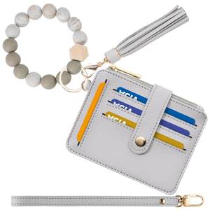 lot 2021 image: Airkit Keychain Wallet with Bracelet RFID Blocking Wristlet Credit Purse Card Holder, Silicone Bead Tassel Key Ring for Women