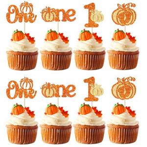 lot 2049 image: Gyufise 24Pcs Pumpkin One Cupcake Toppers Glitter Pumpkin 1st Birthday Cupcake Picks for Fall Theme Baby Shower Kids First Birthday Party Cake Decorations Supplies Orange
