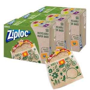 lot 2050 image: Ziploc Paper Sandwich and Snack Bags, Recyclable & Sealable with Fun Designs, 150 Bags Total