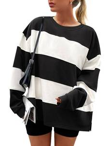 lot 2071 image: ZESICA Womens Fall Sweatshirt Tops Crewneck Long Sleeve Loose Oversized Striped Fleece Pullover 2025 Clothes,Black,Large