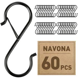 lot 2073 image: Navona 60 Pcs S Hooks for Hanging Heavy Duty, 3.5-inch Heavy Duty Metal S Hook with Safety Buckle, Suitable for 0.5 inch Rods, S Hook for Hanging Plants, Closet, Kitchen Utensil, Pot, Pan, Bags