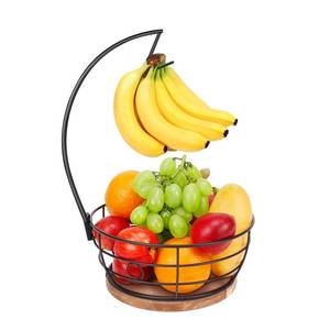 lot 2074 image: Livabber Countertop Fruit Basket Bowl with Banana Hanger, Modern Standing Fruit Vegetable Bowl Storage, with Banana Tree Holder for Kitchen Dinning Table (Round Wood, Black)