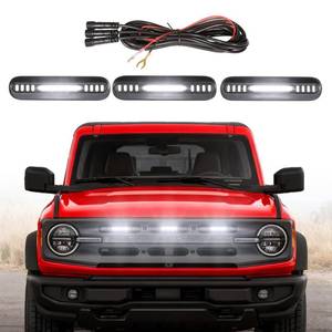 lot 2082 image: LED Grille Lights for Ford Bronco 2024 2021 2022 2023 Front Grill Inserts Light Snap-on Lamps Fits for Big Bend Outer Bank Accessories 2-4 Door (White Lights, 3PCS)