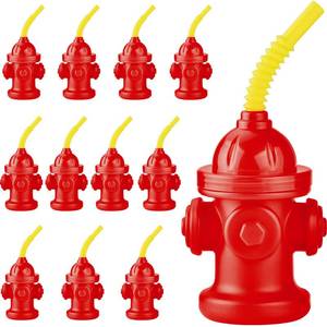 lot 2087 image: ALINK 12 PCS Fire Hydrant Cups with Lids and Straws for Fire Party Decorations, 10 oz Plastic Kids Party Favor Cups, Firefighter Firetruck Birthday Party Decorations, Red Dog Party Supplie