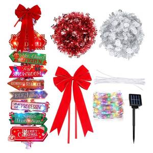 lot 2091 image: Colingmill Christmas Lamp Post Light Decorations with 8 Merry Christmas Yard Wooden Signs 16.4ft 50led Solar Light String 2 Xmas Tinsel Garlands Red Velvet Bow for Outdoor Holiday Post Lamp Yard Decor