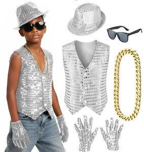 lot 2103 image: Kids Dance Hip Hop Jazz Costume Boys Sequin Vest Hat Sunglasses Set for Dance Party 6-7 Years Silvery