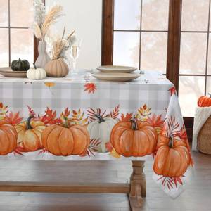 lot 2108 image: Softalker Fall Tablecloth Rectangle 52x70 Inch, Thanksgiving Autumn Harvest Pumpkin Buffalo Plaid Decoration Table Cloth, Stain Resistant Table Cover for PartyDiningHoliday, Grey Checkered