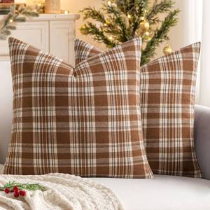 lot 2119 image: MIULEE Fall Set of 2 Scottish Tartan Plaid Throw Pillow Covers Farmhouse Classic Decorative Outdoor Square Cushion Cases for Halloween Thanksgiving Decor Sofa Couch 20x20 Inch, Brown and White