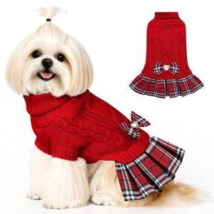 lot 2124 image: WOYYHO Small Dog Sweater Dress with Bowtie Dogs Winter Clothes Sweaters Pleated Skirts with Leash Hole Puppy Dog Girl Outift Pullover Knitwear Sweater for Dachshund French Bulldog Red L