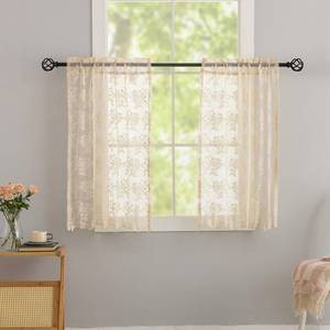 lot 2125 image: Beige Lace Cafe Curtains 30 inch Length Short Vintage Kitchen Curtains 2 Panles ,Light Filtering Sheer Tiers, Rod Pocket, Small Window Drapes for Bathroom Laundry Room Kitchen Each 26x30 Inch