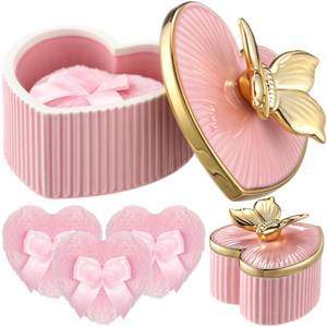 lot 2131 image: Honeydak 4 Pcs Body Powder Puff and Container 3.15 Inch Women Puffs Pink Heart Butterfly Dusting Powder Container Case Soft Reusable Washable for Travel Bath Wet Dry Makeup