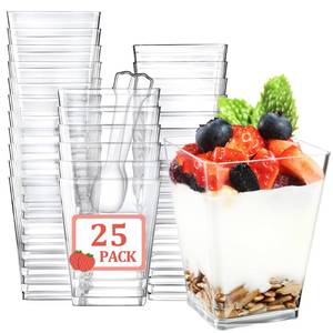 lot 2465 image: Eupako 25 Pack 5 OZ Plastic Mini Dessert Cups with Spoons - Clear Small Parfait Cups, Square Appetizer Cups for Fruit, Pudding, Mousse, Ice Cream, Party, Wedding, Valentines Day