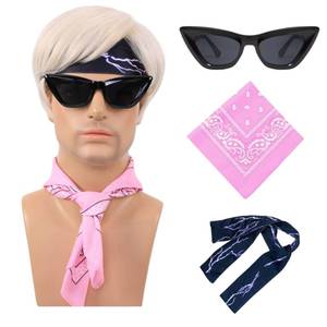 lot 2479 image: Deifor Platinum Blonde Straight Synthetic Mens Wig Set with Black Sunglasses Head Band and Neckerchief for Prince Cosplay Halloween Daily Wear