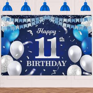 lot 2484 image: Happy 11th Birthday Banner Backdrop Navy Blue Balloons Confetti Stripe Flag Light Spots Cheers to 11 Years Old Theme Decorations Decor for Girls Boys 11th Birthday Party Bday Supplies Glitter Silver
