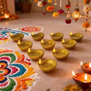 lot 3037 image: 12 Pcs Diwali Diyas Lamp Decorations, Diwali Gold Peacock LED Water Sense Lights, Waterproof Flameless Tea Lights,Oil Lamps for Centerpieces Indian Temples Pooja Housewarming Return Gift