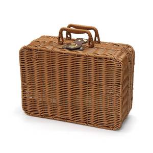 lot 3052 image: Mini Wicker Picnic Basket, Decorative Prop Suitcase Vintage Storage Hamper Makeup Organizer, 11.5 Metal Lock Plastic Rattan Storage Box with Handles for Sundries Travel Camping and Outdoor Party (L)
