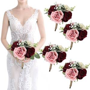 lot 3056 image: Set of 4 Artificial Bridesmaid Bouquets Blush & Burgundy -7 Inch Silk Rose Wedding Flower Bouquets for Bridesmaid Holding Flowers , Bridal Shower, Wedding Centerpiece Ceremony and Anniversary