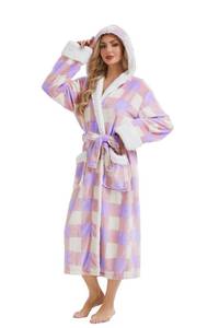 lot 3067 image: Cegerne Plush Robes for Women, Hooded Bathrobe Long Fluffy, Womens Fuzzy Fleece Warm Soft Cozy Robe, Purple Pink Plaid, SM