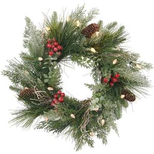 lot 3079 image: Pre-lit Christmas Wreath for Front Door, Snow Branches, 22 Inch Battery Operated 50 LED Lights, Decorations for Indoor & Outdoor Green