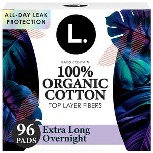 lot 3082 image: L. Ultra Thin Pads for Women, Overnight Absorbency, Organic Cotton Top Layer, Unscented Pads with Wings, 96 Count (4 Packs of 24)