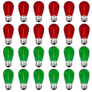 lot 3085 image: S14 Colored LED String Light Bulbs, 24-Pack 1W Plastic Shatterproof Waterproof Outdoor Indoor Replacement Bulbs for Home Decor, E26 Medium Screw Base, Red and Green Christmas Bulbs