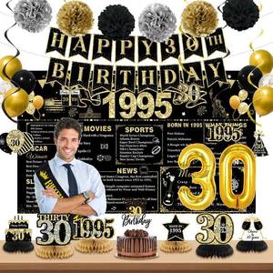 lot 4284 image: 30th Birthday Decorations for Him, Black Gold Back In 1995 Birthday Banner Decorations, Vintage 30th Birthday Table Decorations, Cake Topper, Balloons, Backdrop, Sash Party Supplies for Men