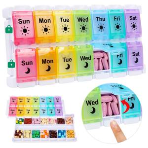 lot 4289 image: Shintop Am Pm Pill Organizer 7 Day, Push Button Weekly Pill Box 2 Times a Day Easy Fill Pill Holder Day Night Vitamin Case for Medications Fish Oil Supplements (Rainbow)