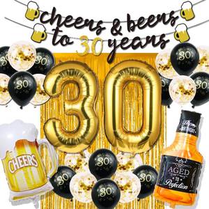 lot 4301 image: 30th Birthday Decorations for Him, 30 Birthday Decorations for her with 40 Inch Gold 30 Number Balloons, Cheers to 30 Years Banner,Fringe Curtains and Cups Foil Balloons