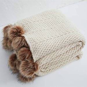 lot 5717 image: vctops Fur Pom Pom Knit Throw Blanket Super Soft Warm Cozy Cable Knitted Blanket for Sofa and Couch 51 x 63 Inch Beige Apricot