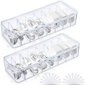 lot 5739 image: Tatuo 2 Pcs Cable Organizer Box with Wire Ties, Plastic Cord Storage Box with Lid, Electronics Organizer for Home Office Desk Organizers and Accessories (Clear)