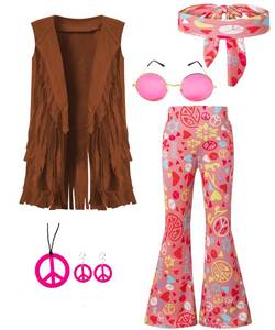 lot 6002 image: IWALUE 60s 70s Hippie Outfits Kids Girls Costume Fringe Vest Peace Flared Pants Accessories Set(Brown, 10-12 Years)