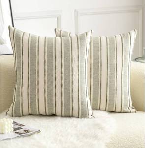 lot 6010 image: Cethom Decorative Boho Throw Pillow Covers, Farmhouse Textured Pillow Case, 18 x 18 Inch Set of 2, Chair Sofa Bedroom Living Room Home Decor Couch Cushion Case, Olive Green and Beige Striped